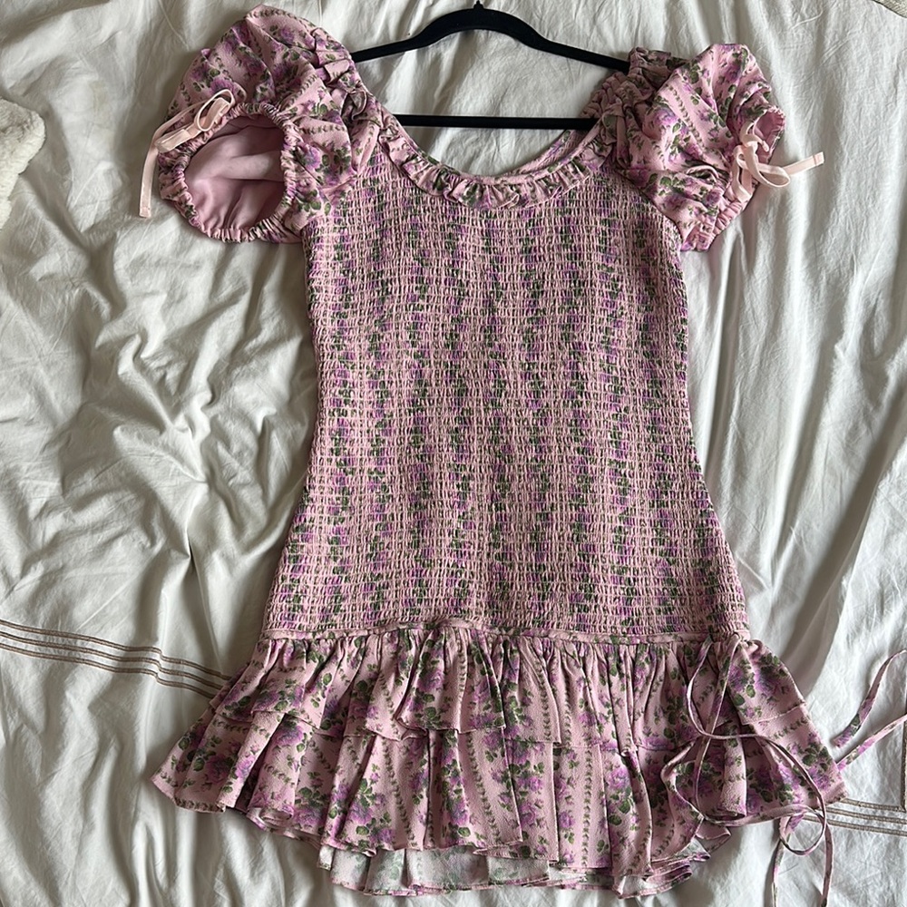 Love Shack Fancy Smocked Pink Floral Dress